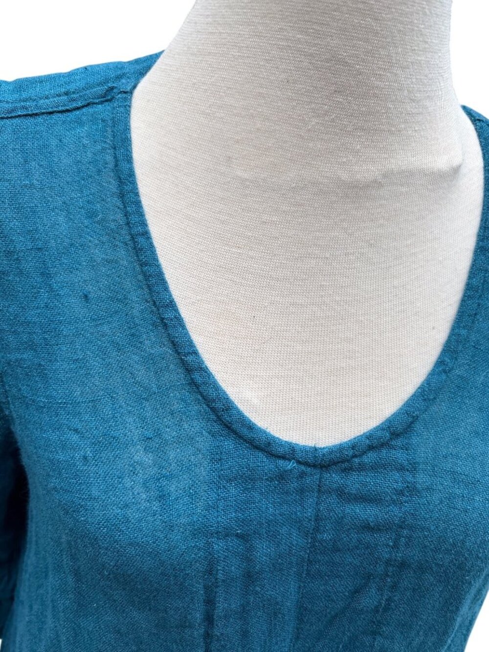 Flax Womens Medium Blue 100% Linen Blouse With 3/4 Sleeves Split Front Design - Picture 5 of 9